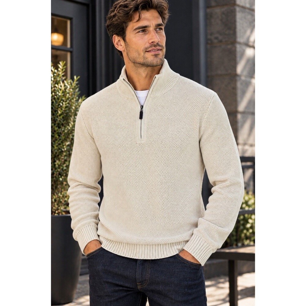 J Crew Sweater Mens M Cream Cotton Quarter Zip Honeycomb Knit Pullover CA561